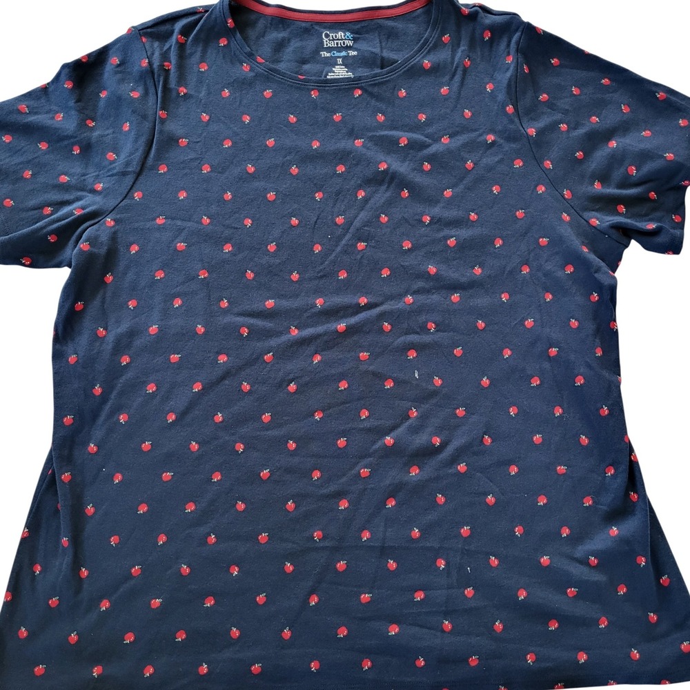 Croft & Barrow Womens 1X The Classic Tee Navy Blue Red Apple Print Cotton‎ Shirt